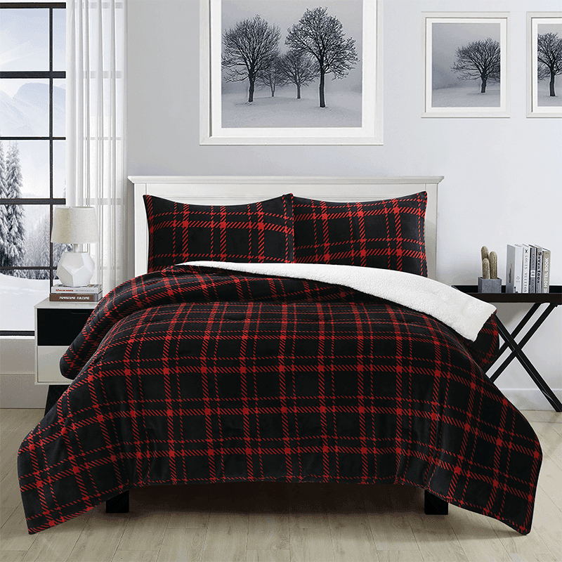 TEMU 3-piece Reversible Plush Sherpa Comforter Set - Flannel Bedding For Winter &
