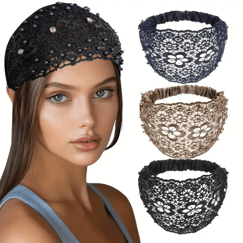 TEMU Set Elegant Floral Beaded Wide Headbands 3pcs - Women's Hair Accessories, Ideal For Casual Attire