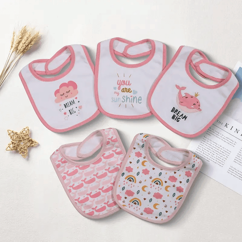 TEMU 5pcs! Double - Layered Absorbent - Piece Set With Cartoon Embroidery And Magic - Tape Adjustable Feeding Bibs For 0 - 3 Year - Olds,