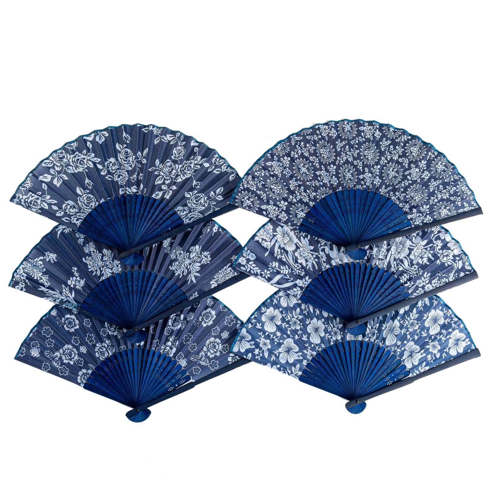 TEMU Pack Of 6 Handheld Paper And Bamboo Folding Fans For Wedding Party, Church, Festivals, Home - Blue With White Flowers