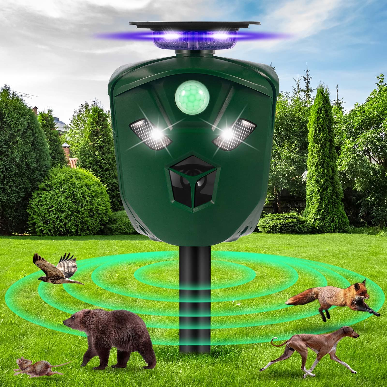 TEMU Ultrasonic Animal Repeller Solar Powered Cat Repellent Outdoor Waterproof With Motion Sensor Led Flashing Deer Repellent