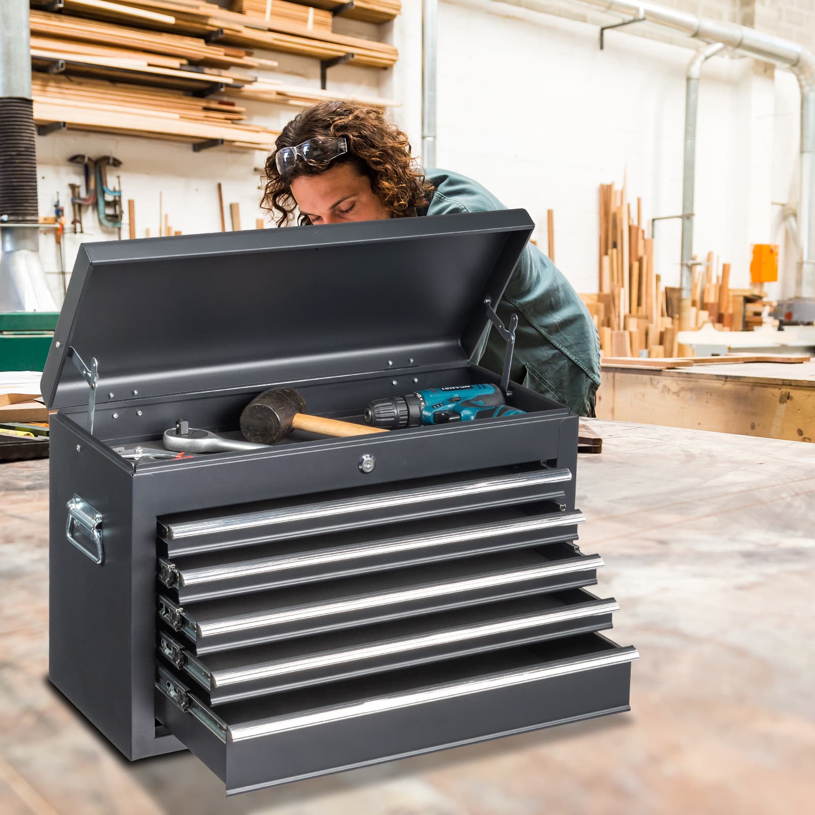 TEMU Leadzm Tool Storage Cabinet, Cabinet With 5 Drawers And Locks, Black Steel