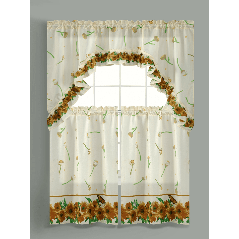 TEMU Sunflower 3-piece Kitchen Curtain Set 52x18+2x26x36 In – Floral Printed Rod Pocket Tier Panels & Valance Window...