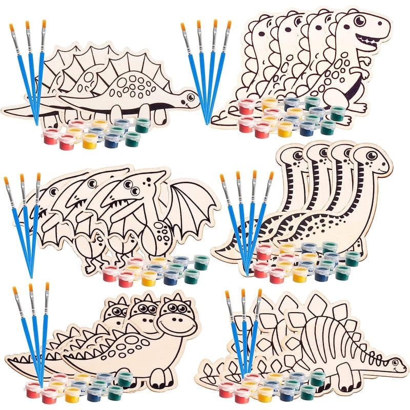 TEMU Kids Party Dino Wood Painting Craft Kits (20ct) - -each Kit Has Its Own Brush, Paint, & Figure- Fun, Unique Birthday Party