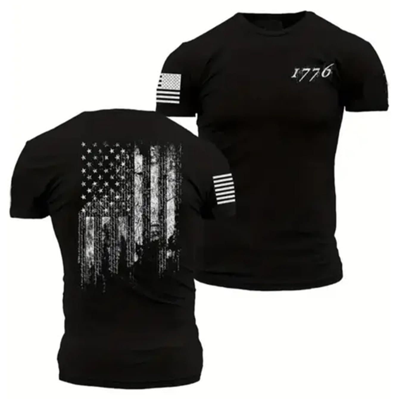 TEMU 1776 American Flag Elements Men’s Black Crewneck Short Sleeve Cotton T Shirt
