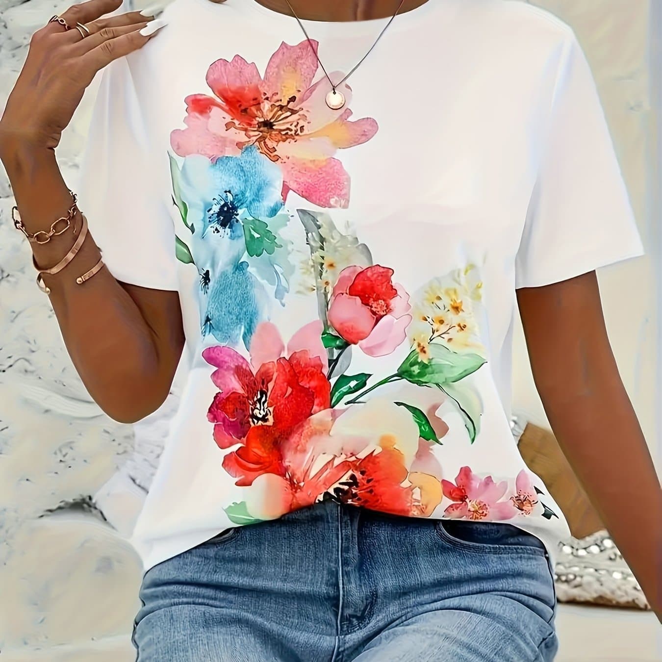 TEMU Plus Size, Women's Elegant Full-body Floral Print T-shirt - Short Sleeve Crew Neck Blouse, Plus Size , Casual & Dressy Outfits, Machine Washable Elegant Style Top