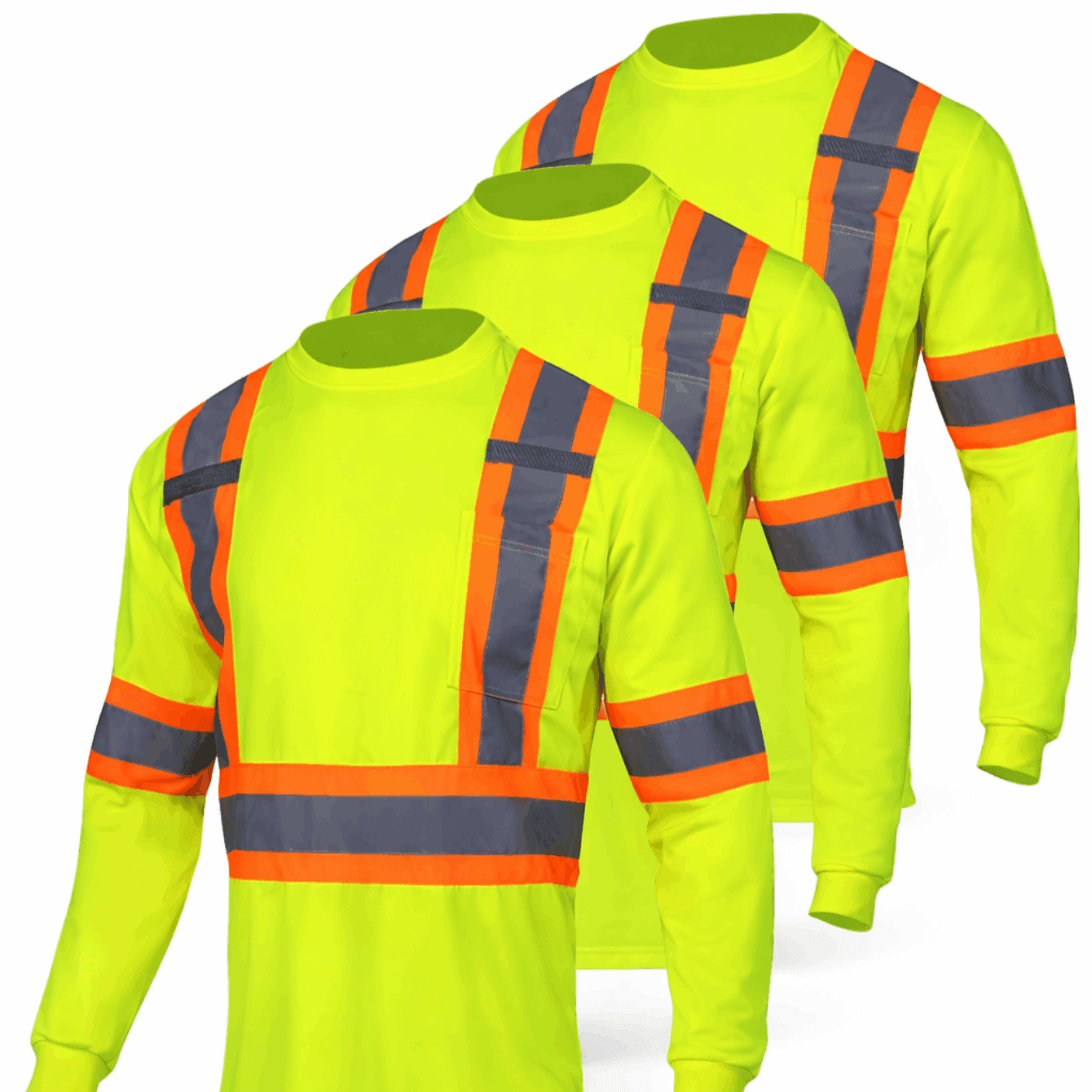 TEMU 3-pack Safety Long Sleeve Shirts With Reflective Stripes, Neon Yellow Workwear