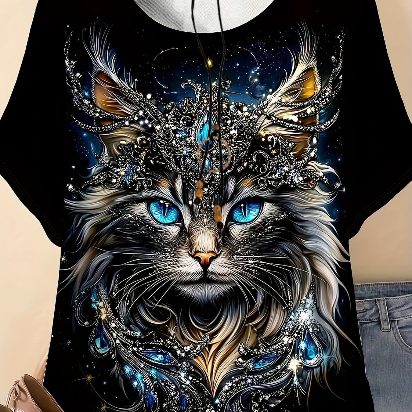TEMU Plus Size, Plus Size Women's Casual Short Sleeve T-shirt - 3d Cat With Stars & Swirls Print, Lightweight Breathable Relaxed Fit Round Neck Summer Top, Machine Washable, Cat Tshirt
