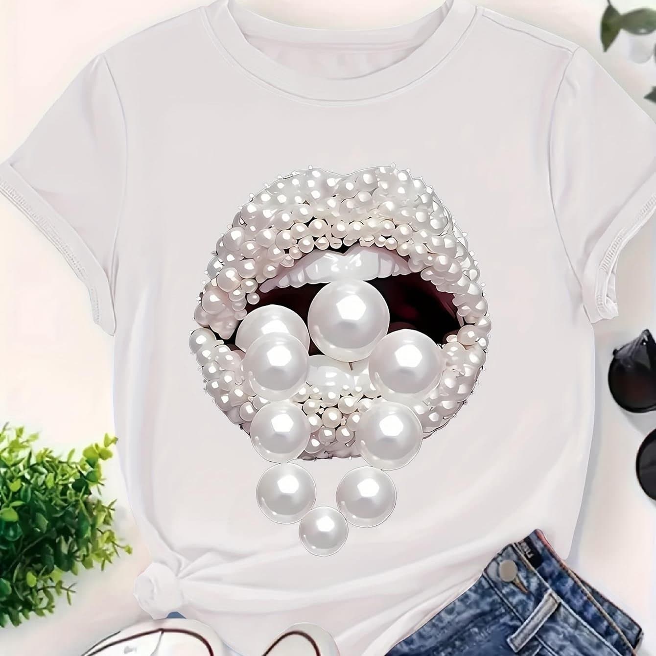 TEMU Open Lips Graphic Plus Size Women's T-shirt - Trendy And Unique Casual Tee For , Perfect For Spring And Summer