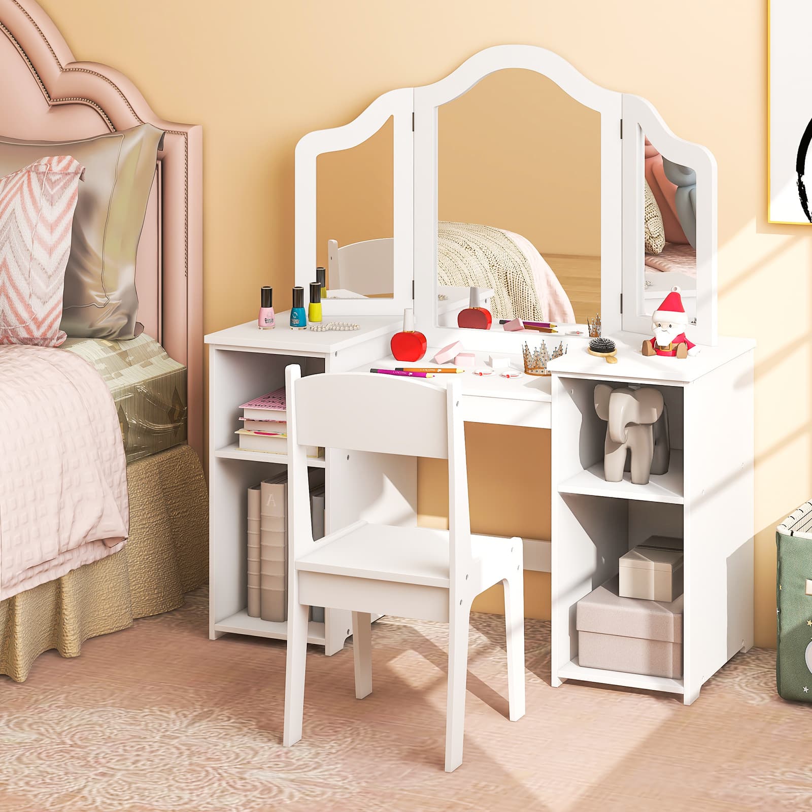 TEMU Costway 2 In 1 Kids Vanity Table & Chair Set, Princess Vanity Table With Removable Mirror, High Back Chair, Open Storage Shelves, Makeup Dressing Table For Girls Aged 3+ thumbnail 2