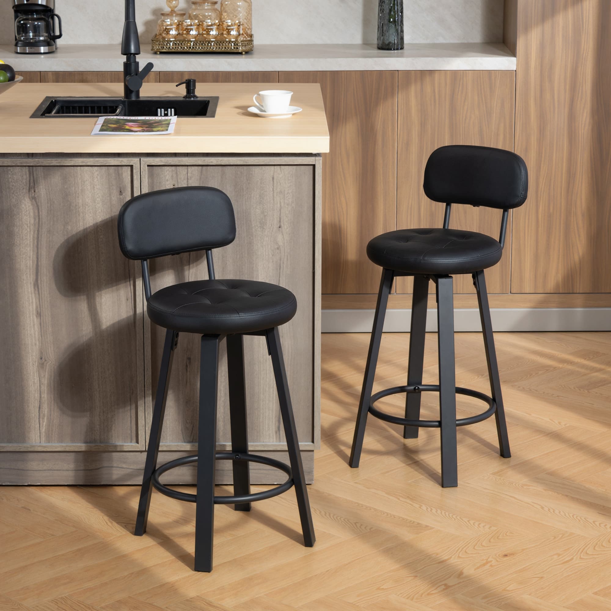 TEMU Homcom Bar Stools Set Of 2, Modern Swivel Pu Leather Counter Height Barstools, Upholstered Chairs With Footrest And Backrest For Kitchen Counter, Dining Room, Black