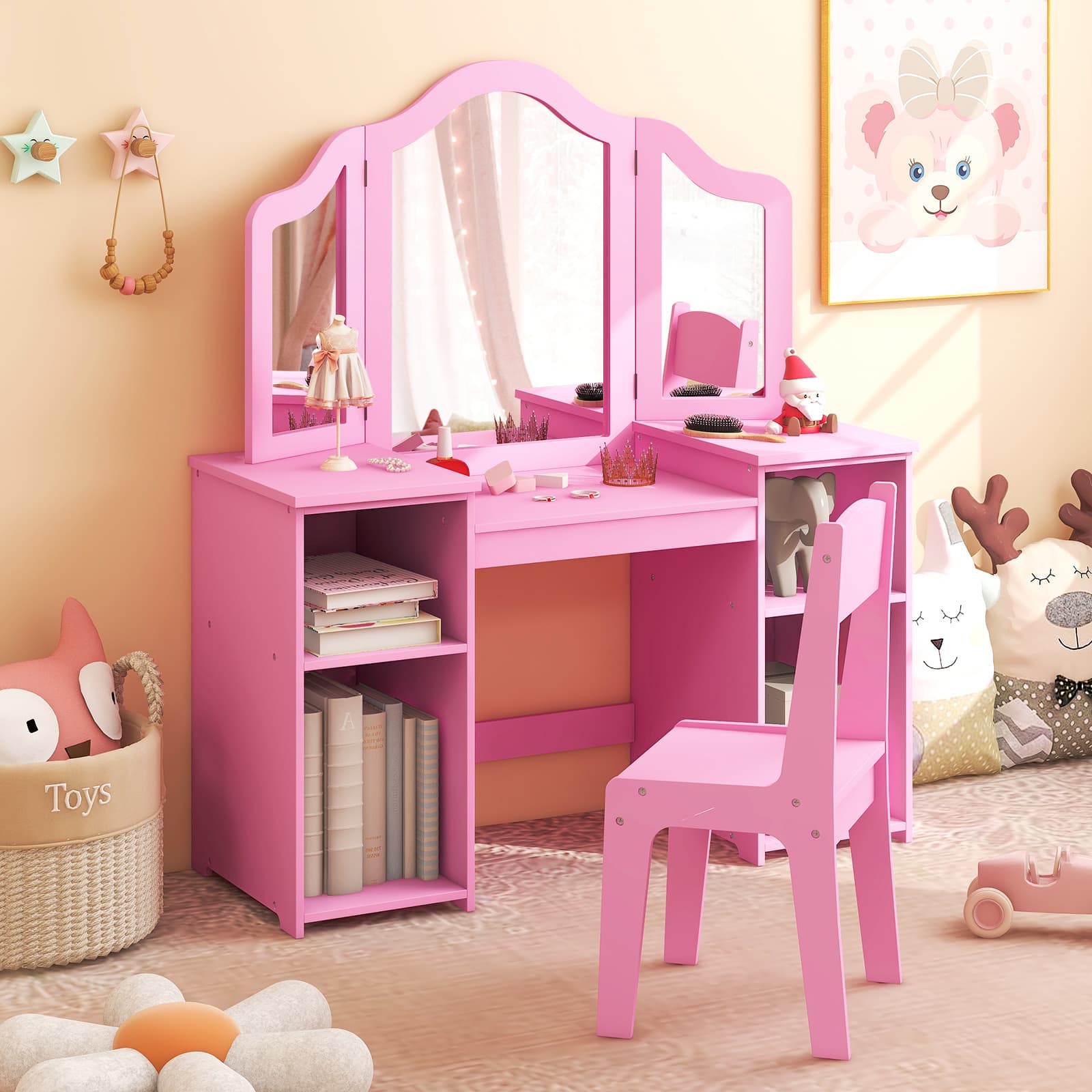 TEMU Costway 2 In 1 Kids Vanity Table & Chair Set, Princess Vanity Table With Removable Mirror, High Back Chair, Open Storage Shelves, Makeup Dressing Table For Girls Aged 3+