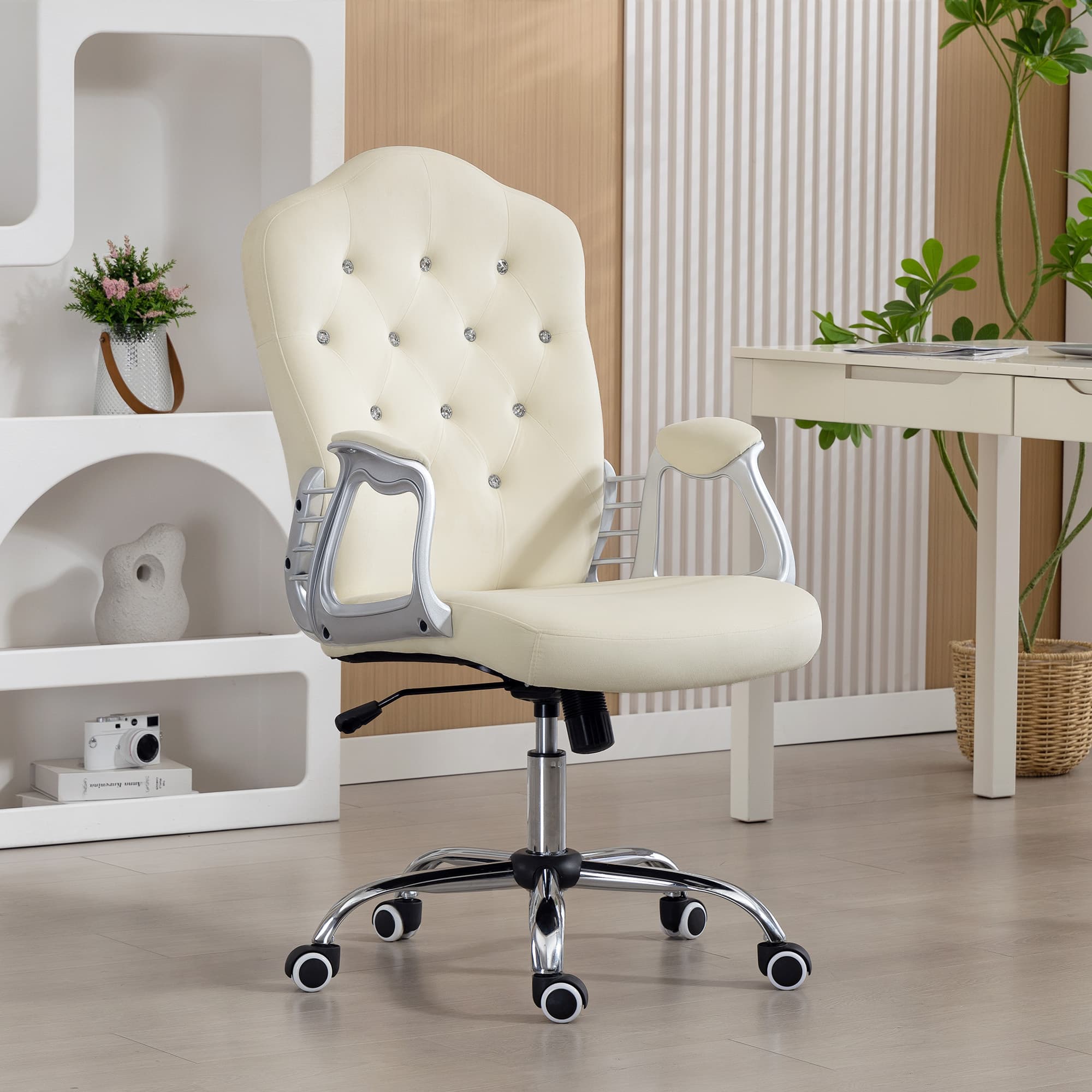 TEMU Vinsetto Office Chair, Velvet Computer Desk Chair With Swivel Wheels, Adjustable Height, Tilt Function, Button Tufted, Beige