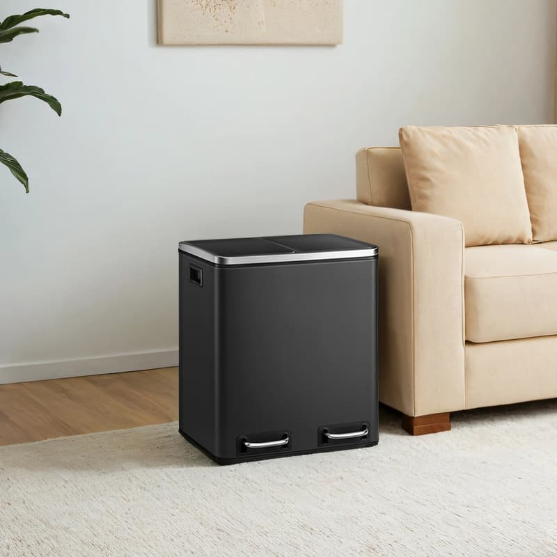 TEMU 2 X 15 L Double Kitchen Bin, Pedal Rubbish Bin For Recycling And Waste, Inner Buckets, Soft Close Steel, Silver And Black