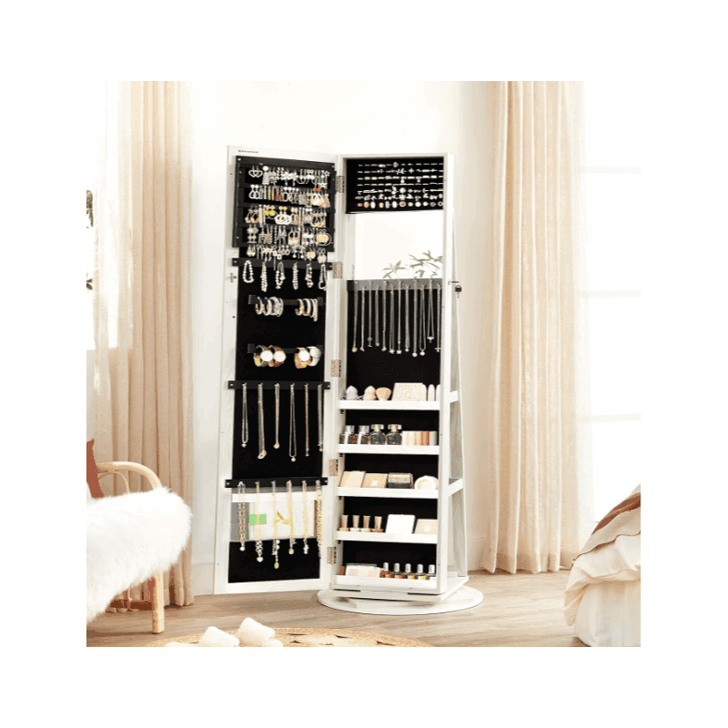 TEMU Lockable 360°rotatable Jewelry Organizer Cabinet With Storage Shelf, White