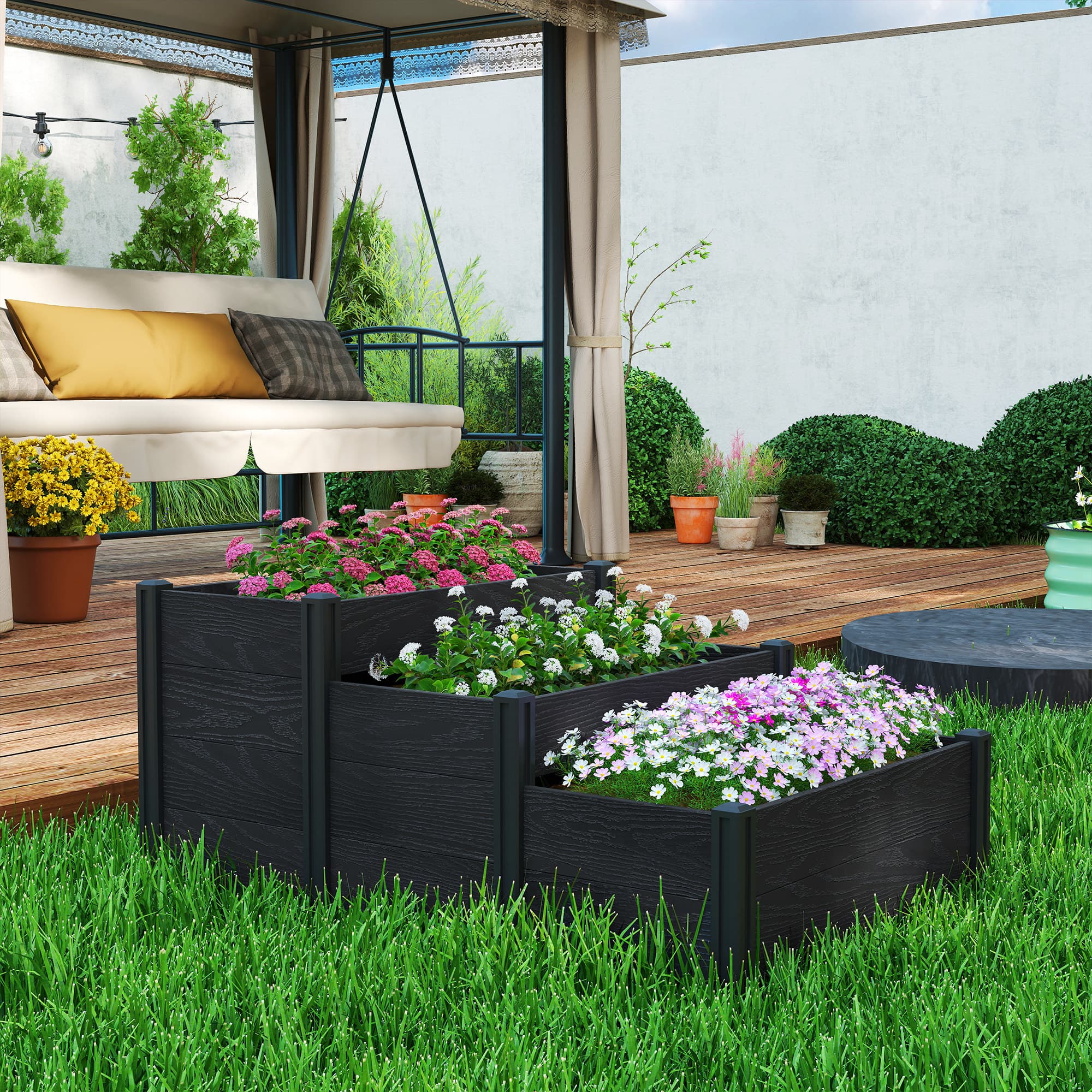 TEMU Vinyl Raised Garden Bed Kit, 3-tier Elevated Garden Box With Open Bottom, Outdoor Raised Planter Box For Flowers, Herbs, Vegetables, Diy Assembly, Effect