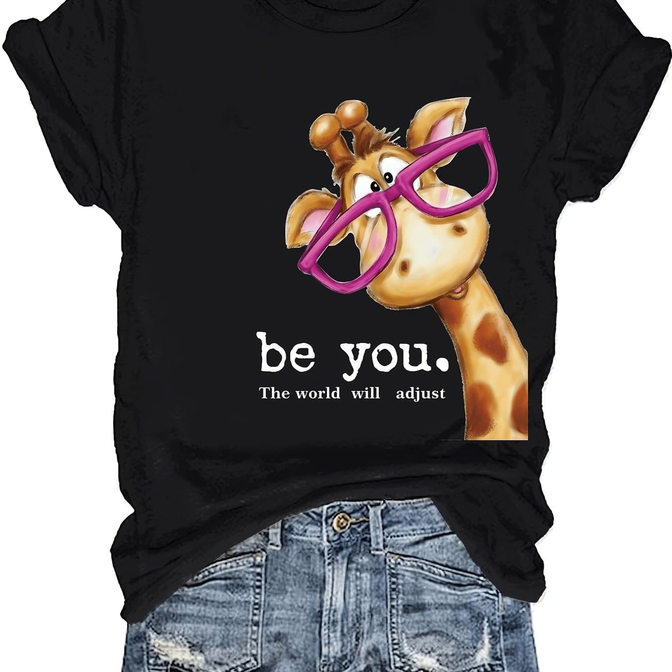 TEMU Short Sleeved Round Neck T Shirt With Giraffe Top For Spring And Summer Apparel Men's Black Loose Short-sleeve T-shirt Loose Comfortable