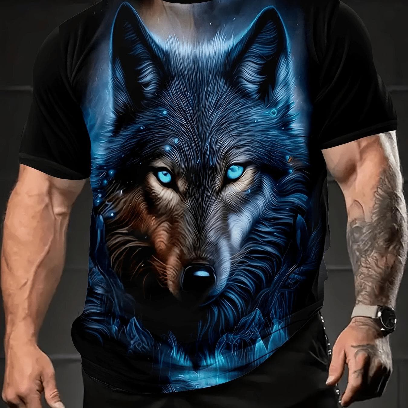 TEMU Unisex Casual Printed T-shirt ( Wolf Design With Blue Accents) – Black Short-sleeve Crew Neck Summer Style, Adventure Essential, Relaxed Fit | Wolf Print T-shirt | For