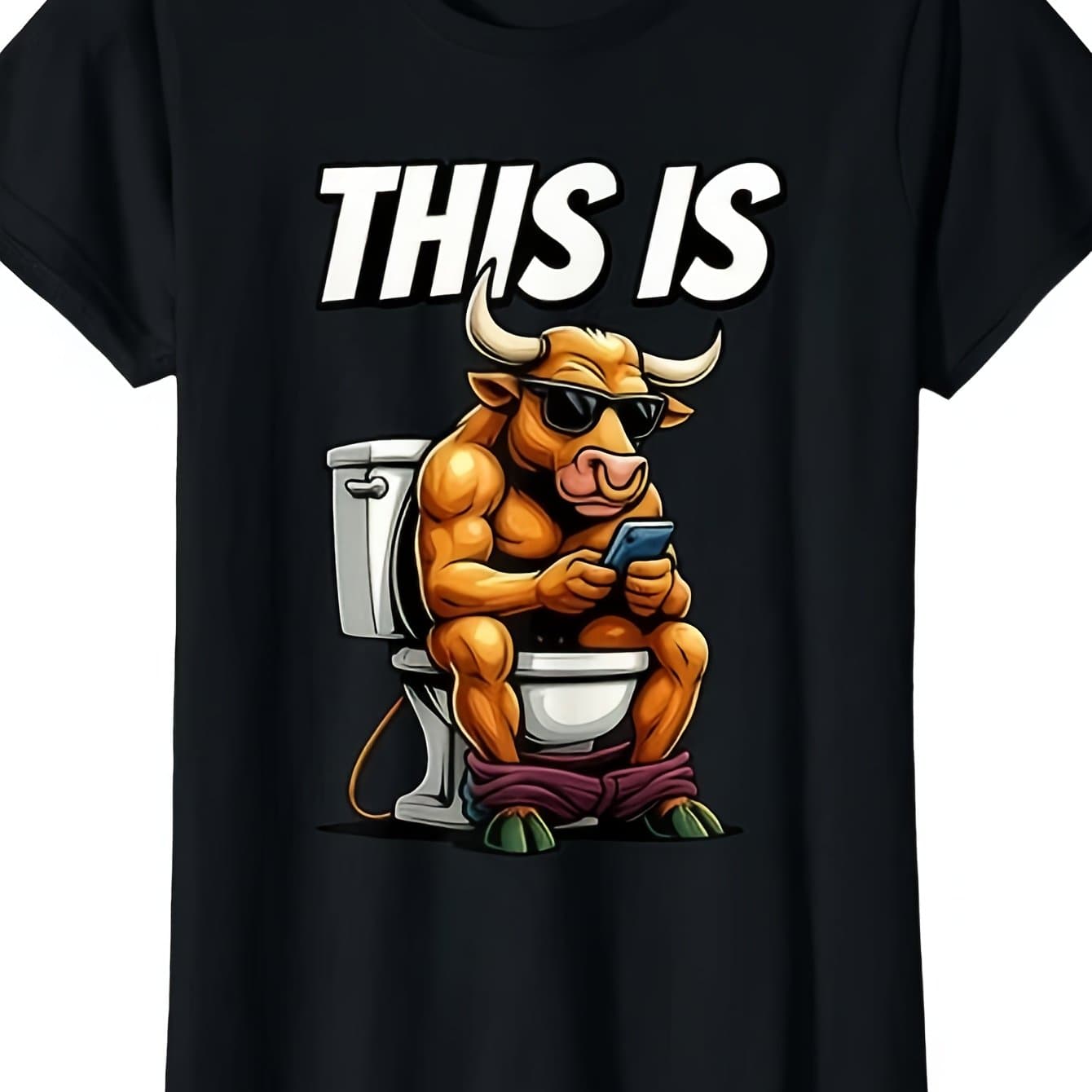 TEMU Bull Is Sitting On A Toilet This Is Bull Funny Ladies' Crewneck T Shirt Men's Loose Fitting Black Breathable Short Sleeved T Shirt