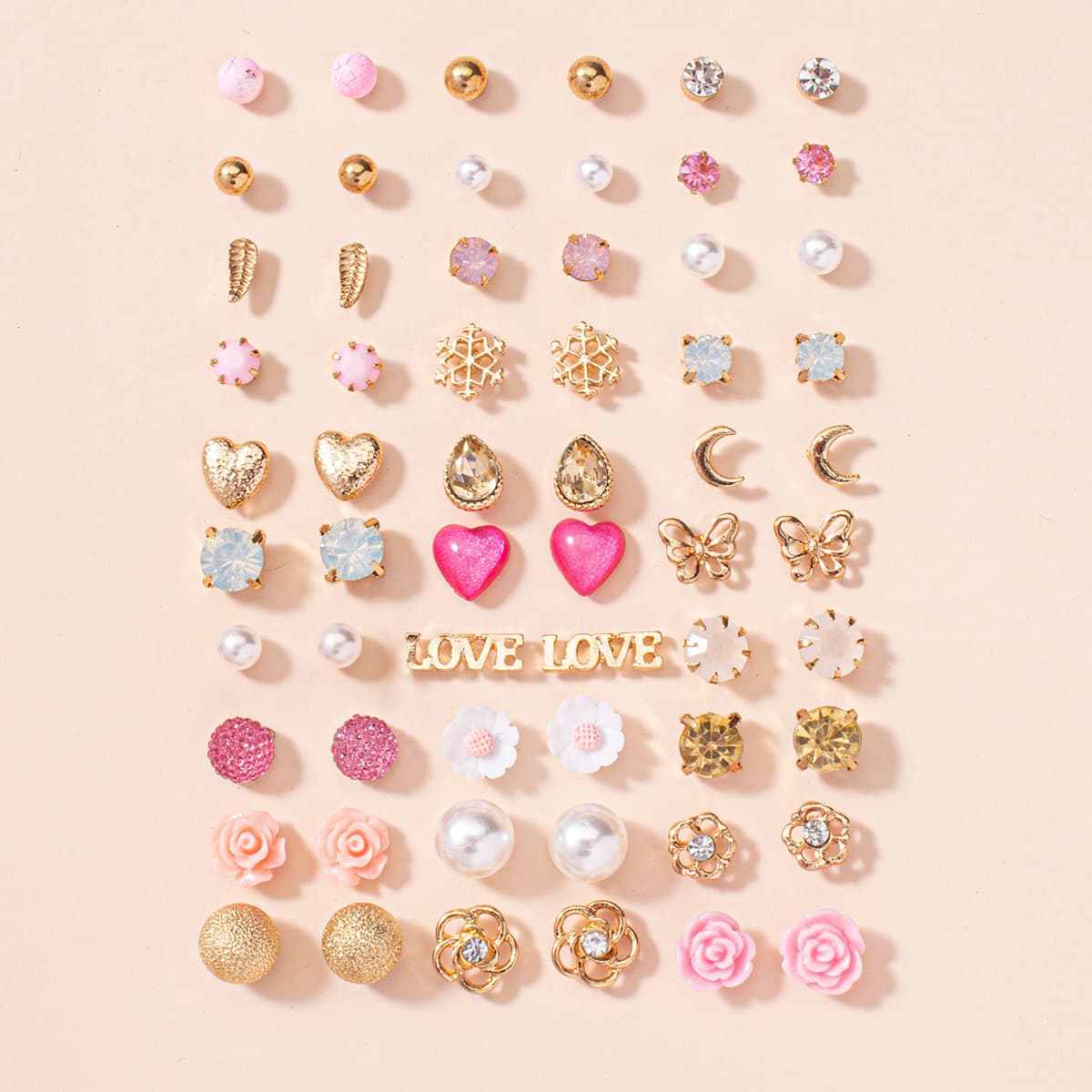 TEMU A Set Of 30 Pairs Of Letter, , Heart, Small Flower, Teardrop, And Snowflake Fashion Stud Earrings