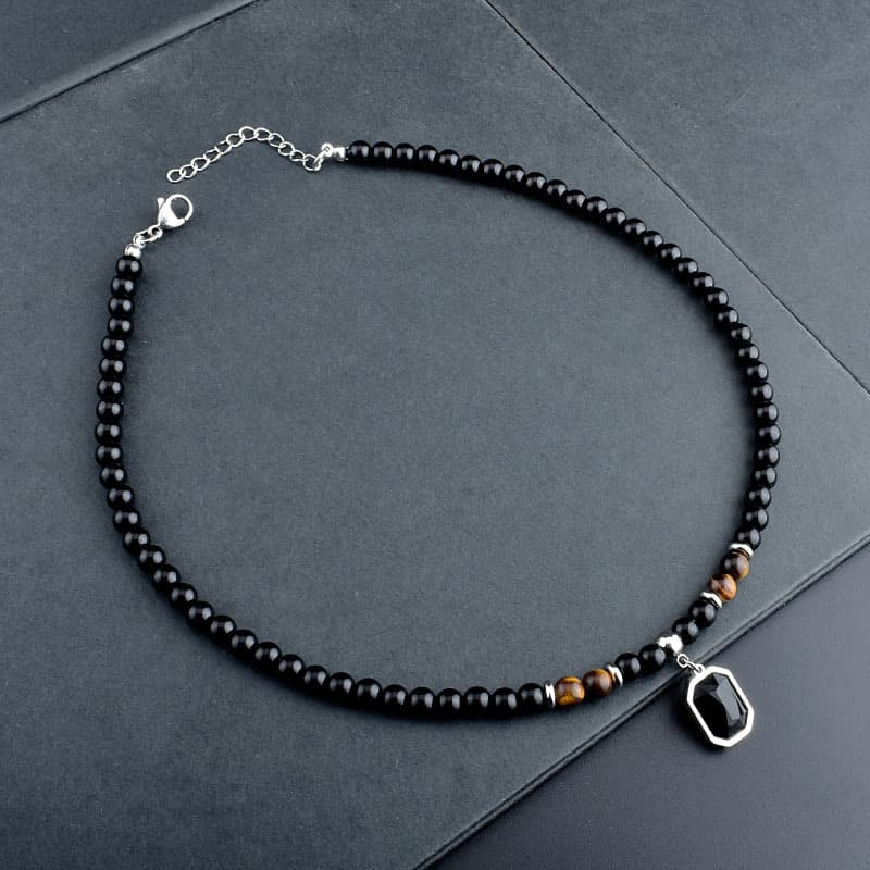 TEMU Fashion Black Synthetic Cubic Zirconiaia Pendant Necklace For Men, And Stylish Natural Stone Bead Chain Jewelry