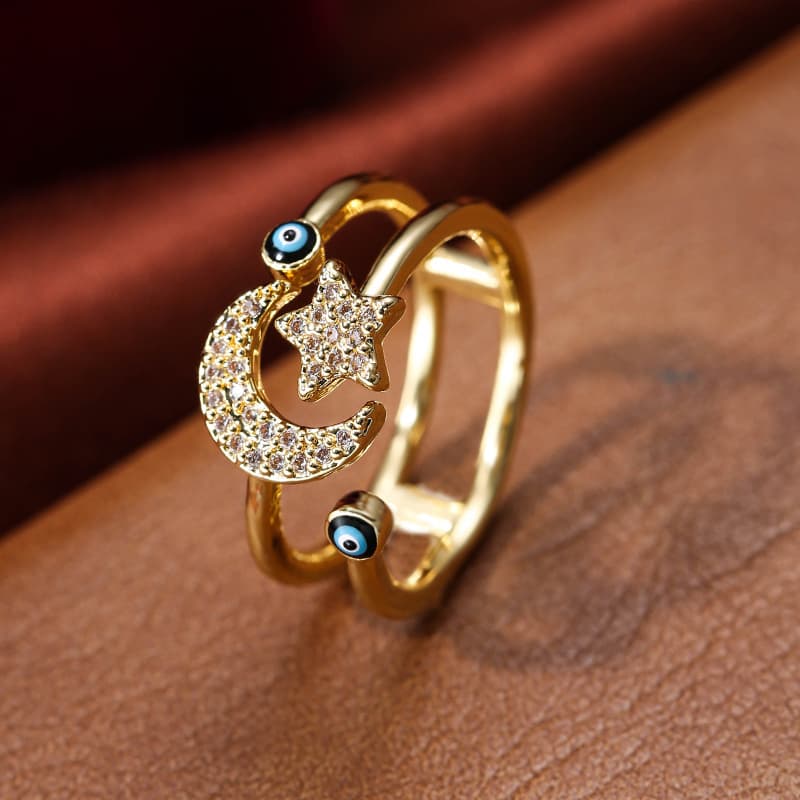TEMU Copper Zirconia Enamel Eye Ring Female Star Moon Retro Tail Ring Women's Elegant Jewelry Women's Accessories