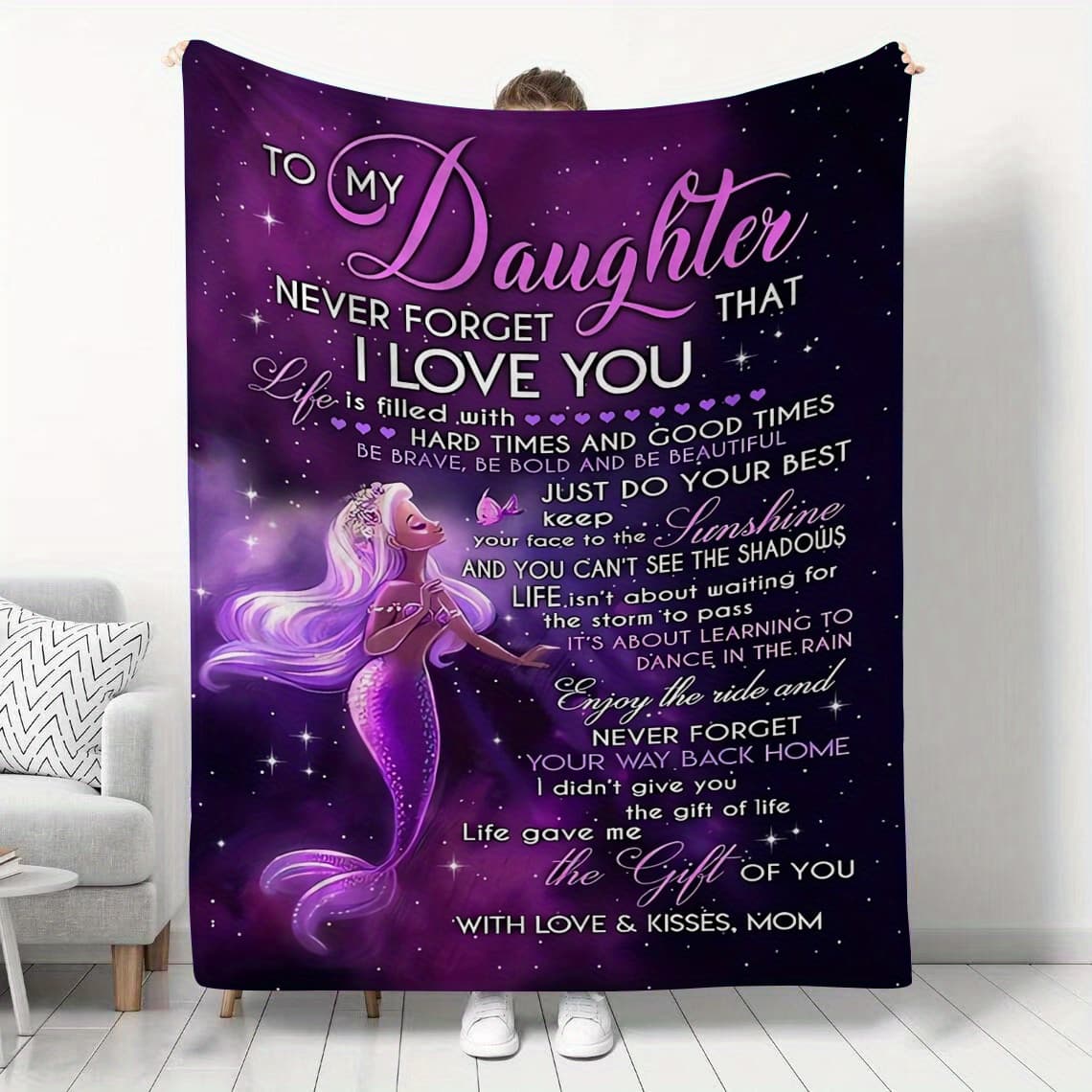 TEMU 1pc Flannel Blanket, From Mom Mermaid Blanket To My Daughter, Warm And Comfortable Soft Blanket For Sofa Bed Sofa