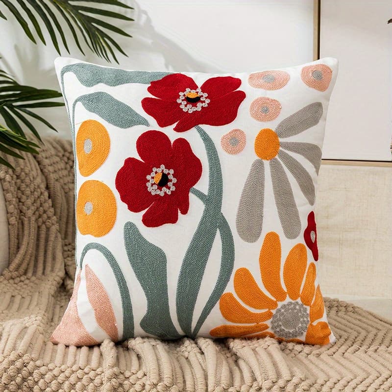 TEMU 1pc Boho Cushion Cover 17.7x17.7 Inch, Cottagecore Floral Embroidered Decorative Throw Pillow Case For Sofa Couch Living Room Bedroom