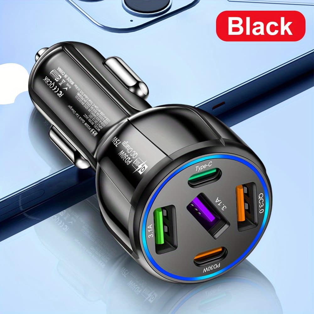 TEMU 5 Ports 75w Car Charger Fast Charging Pd Charger Qc3. 0 Car Usb Charger Type C Phone Charger In Car Charger Power Adapter