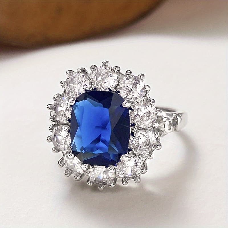 TEMU Wedding Rings For Women Claw Setting Oval Blue Synthetic Zirconia Side Stone Synthetic Zirconia Rings Bridal Proposal Romantic Jewelry