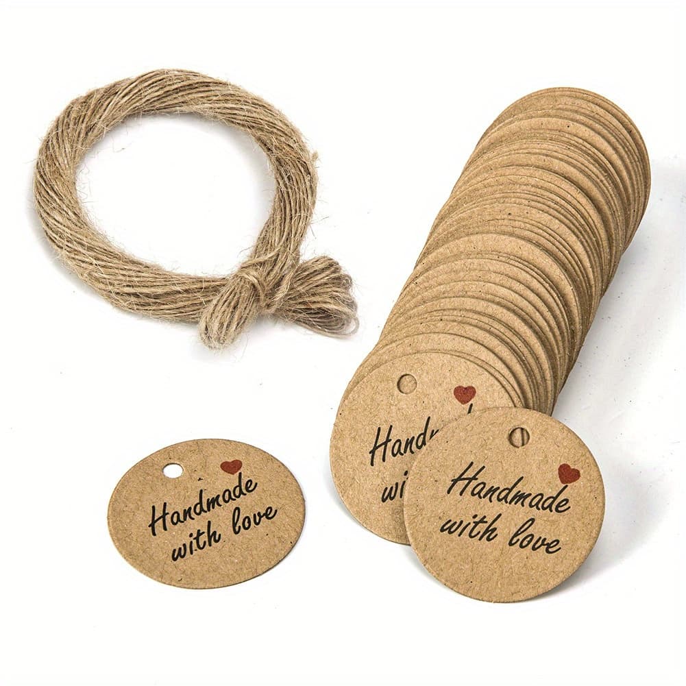 TEMU 100pcs Paper Hang Tags With "" Stamp, 65.62 Feet Twine String Included, Blank Gift Labels For Crafts, Packaging, And Personalized Presents