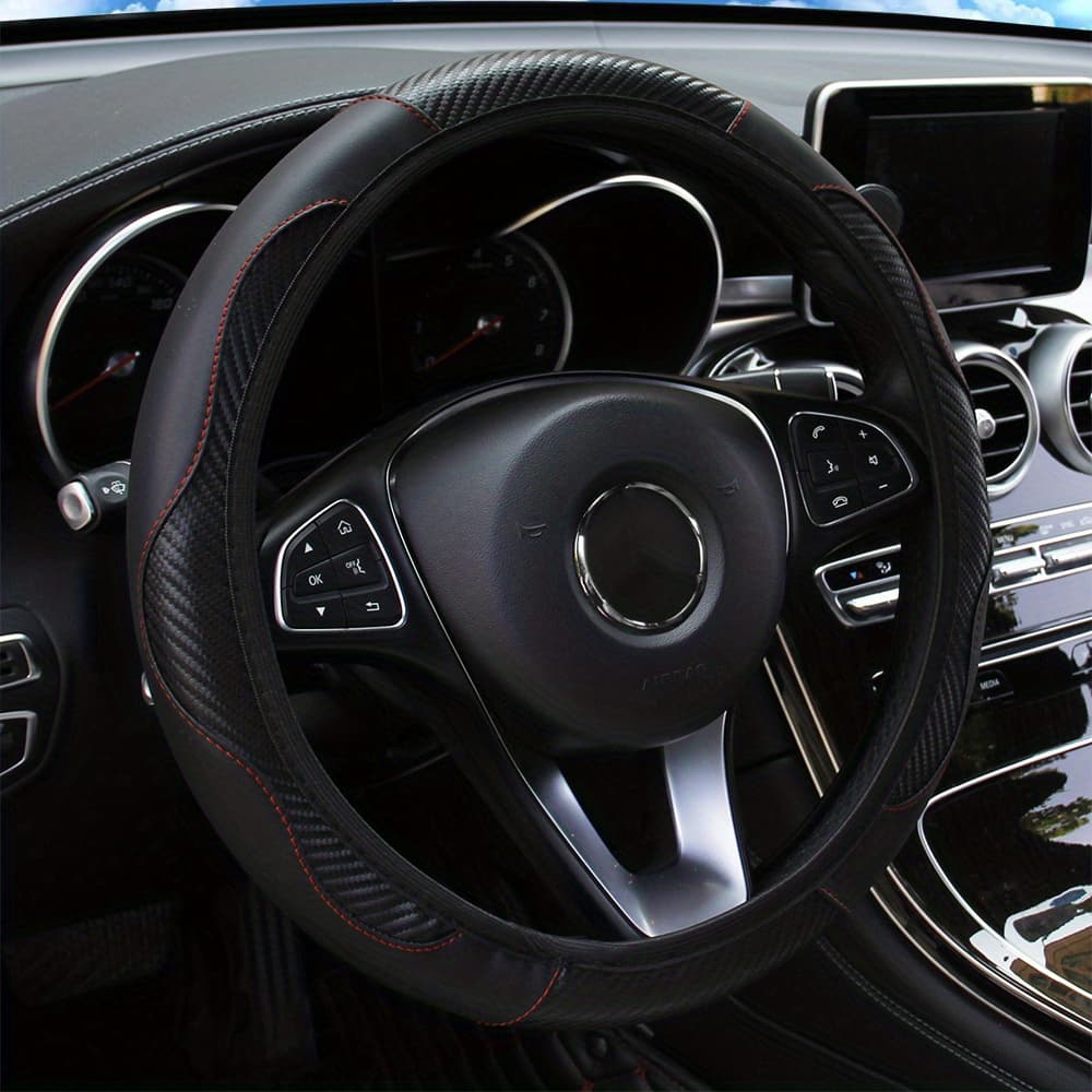 TEMU No Car Steering Wheel Cover, Carbon Fiber, Non-slip, 37-38cm, Car Accessories
