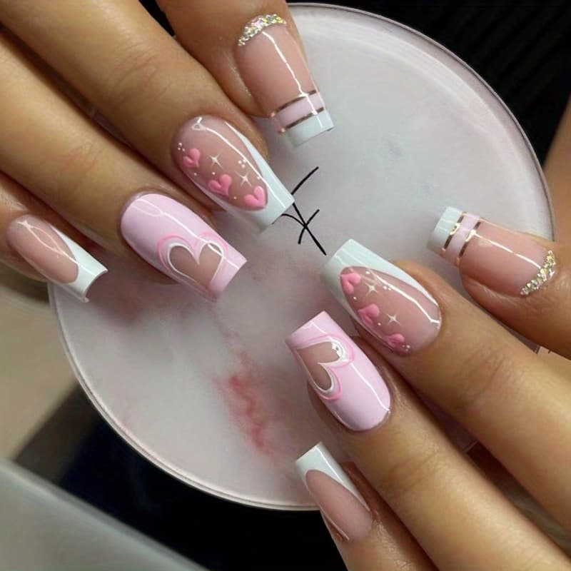 TEMU 24pcs Short Square Fake Nails Set, Mixed Color Love Heart Pattern, Glossy Finish, Nail Art Design, Easy Application