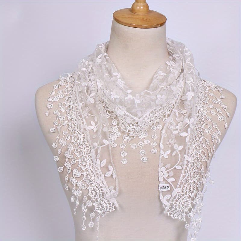 TEMU Women's Bohemian Lace Shawl - Breathable Polyester Scarf With Floral Embroidery, Black & For Casual Wear, Machine Washable, Bohemian Shawl