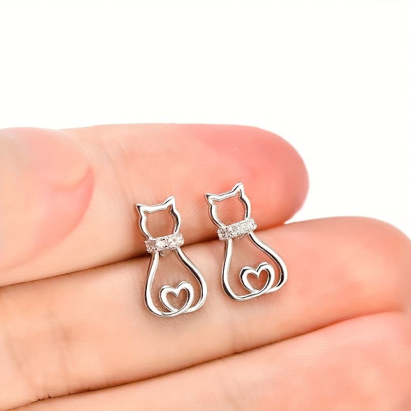 TEMU Stylish And Cute Hollow-out Synthetic Zirconia Cat Earrings, Sweet Kitten Animal Ear Accessories