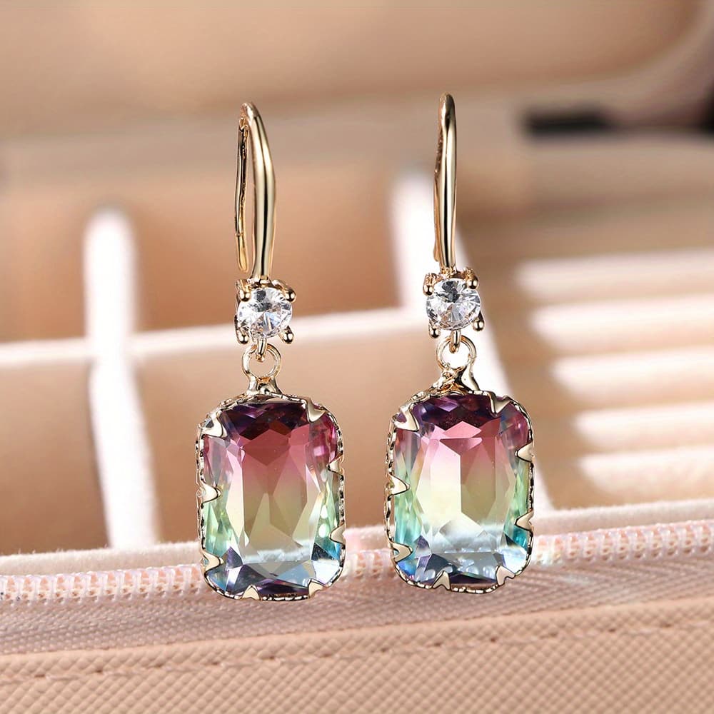 TEMU Bright Square Gemstone Pendant Earrings Temperament Earrings For Women
