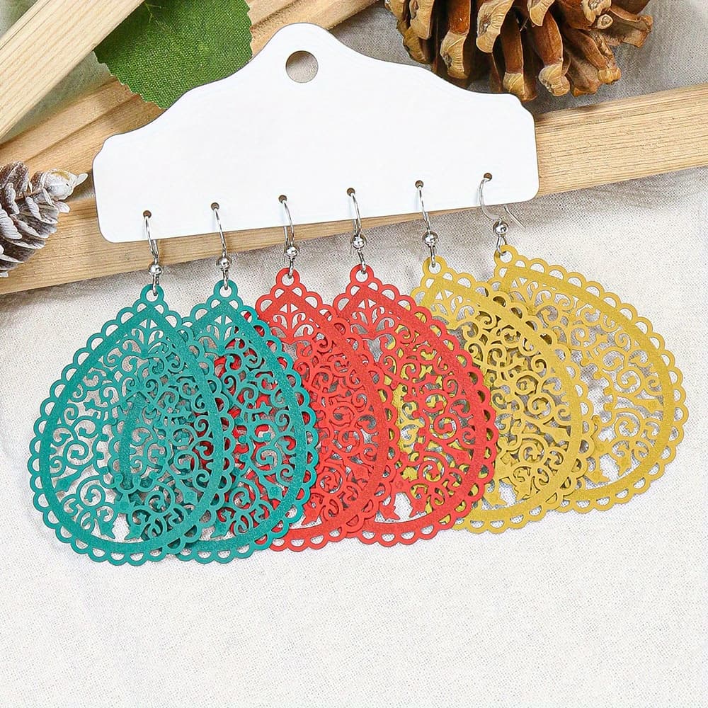 TEMU Bohemian Women's Earrings Hollow Set Water Drop Shape Round Combination Set Solid Color Earrings
