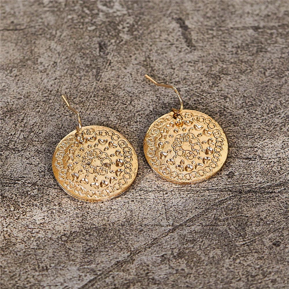 TEMU Boho Vintage Flower Pattern Round Hook Earrings Alloy Jewelry Trendy Personality Gift For Women