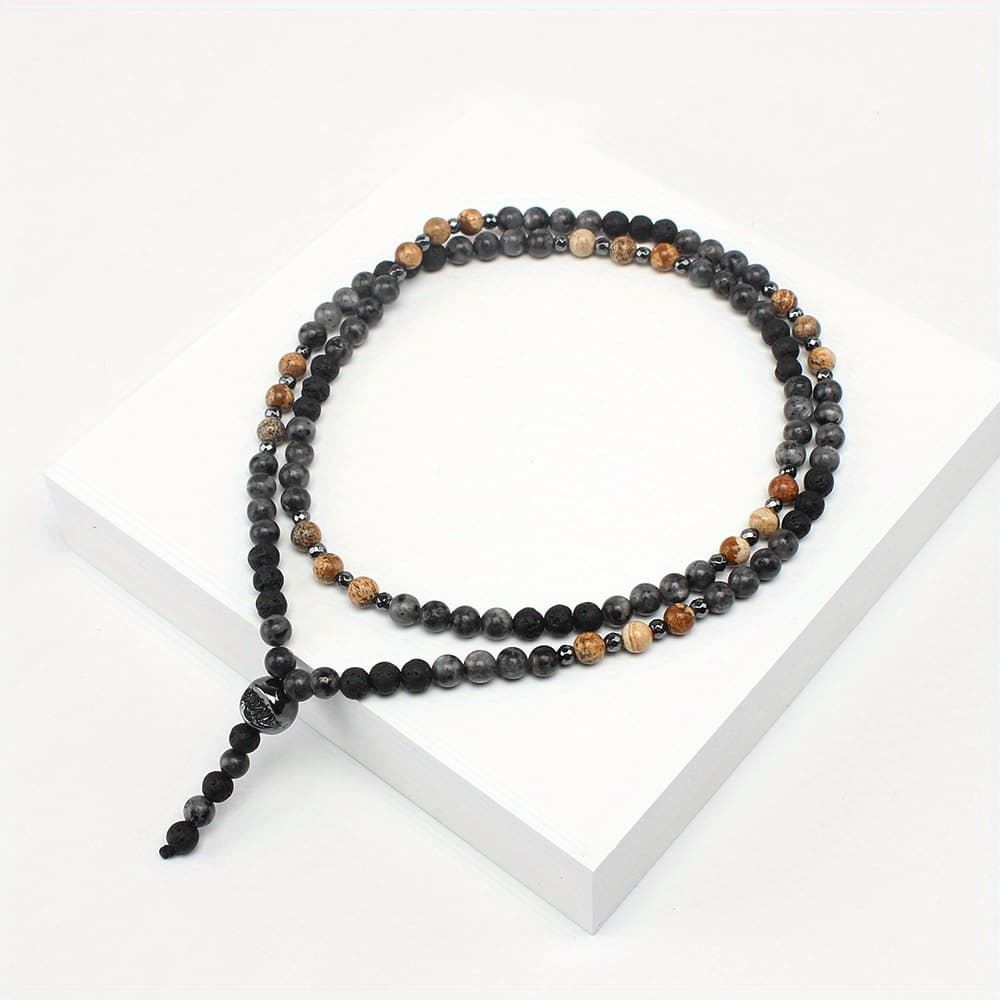 TEMU Retro 6mm Round Beads Yellow Gray Black Beaded Necklace For Men And Women