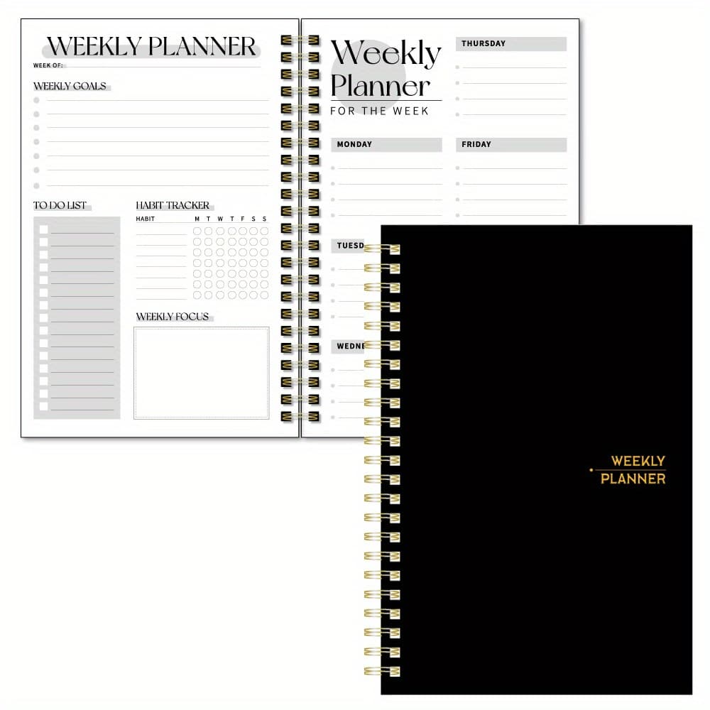 TEMU 1pc Planner Weekly And Daily Notebook Spiral Day Plan Black Academic Appointment Book Agenda Journal To Increase Productivity, Stationery Office Supplies, 53 Sheets, 106 Pages