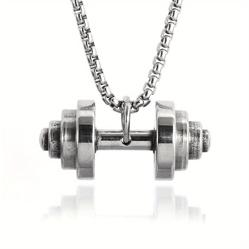 TEMU Stainless Steel Dovetail Cross Dumbbell Pendant Necklace - Sporty Unisex Fitness Jewelry For , Durable Chain With Secure Lobster Clasp, Gym & Casual Wear, Sleek Metallic Finish