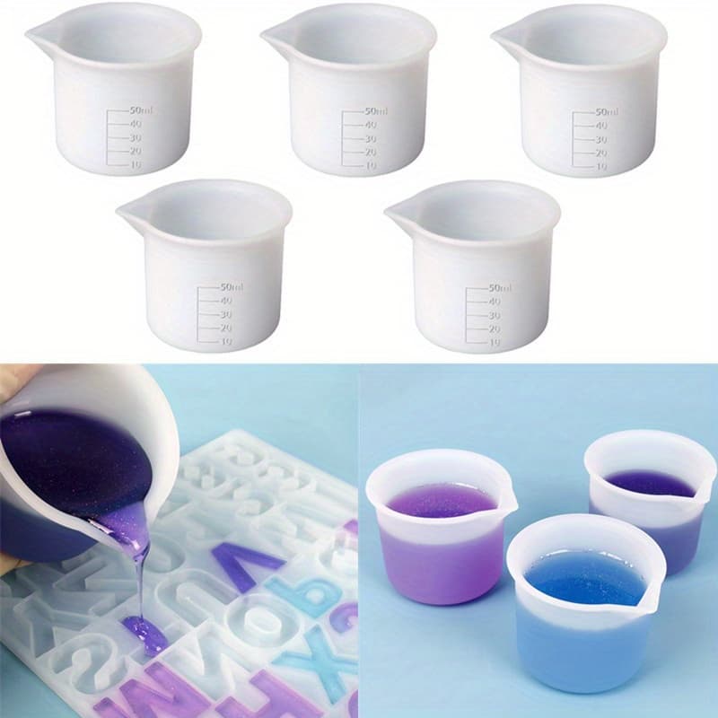 TEMU 5pcs Set 50ml Silicone Measuring Cup & Mold Kit With Clear Graduated - Split Cup Design For Diy Resin Casting, Epoxy Molding, Precise Volume Measurements - For Art, Making, Soap/ Production,