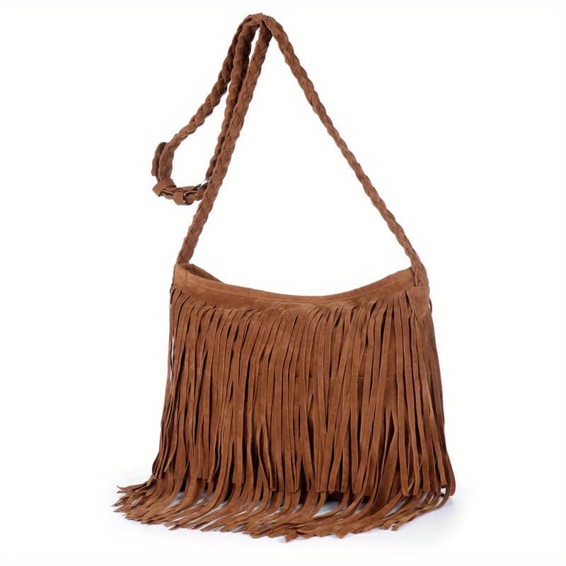 TEMU Women's Retro Vintage Cowboy Fringe Shoulder Bag With Braided Strap & Zipper Closure - Polyester Crossbody Purse In Camel/black For Casual & Formal Occasions