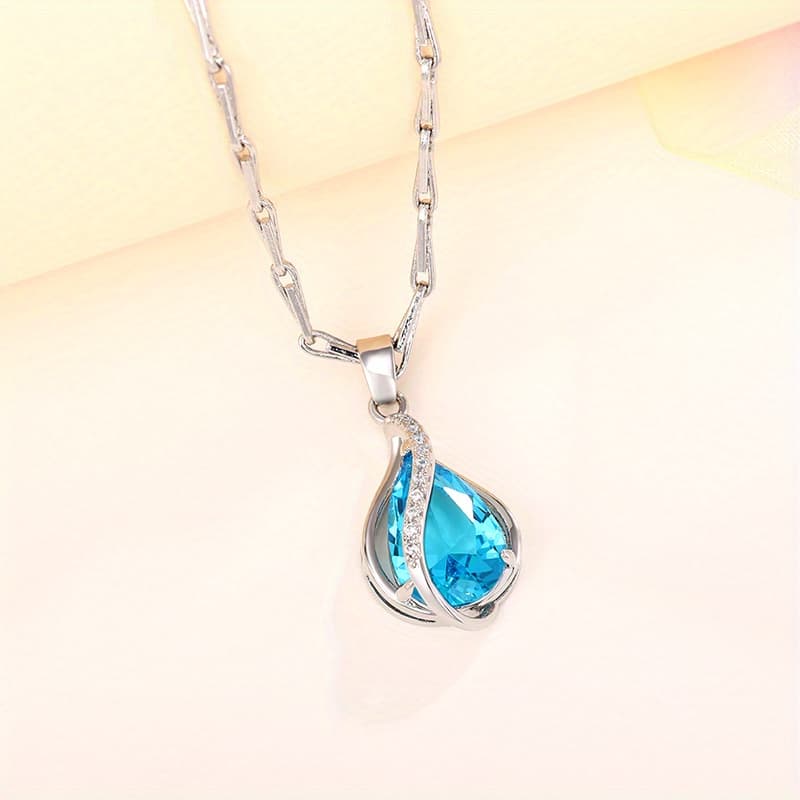 TEMU Elegant Teardrop-shaped Blue Zirconia Pendant Necklace For Women, Perfect For Wedding Anniversaries