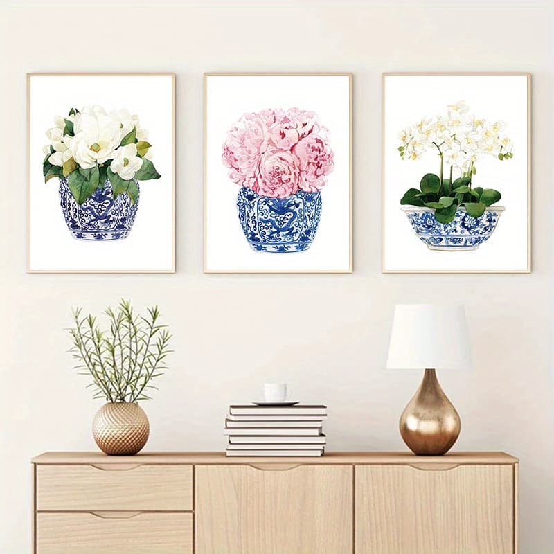 TEMU 3pcs Frameless Orchid & Magnolia Watercolor Chinoiserie Decor Canvas Print Oriental Vase Blue White Willow Style Porcelain Flower Jar Poster Wall Art, No Frame