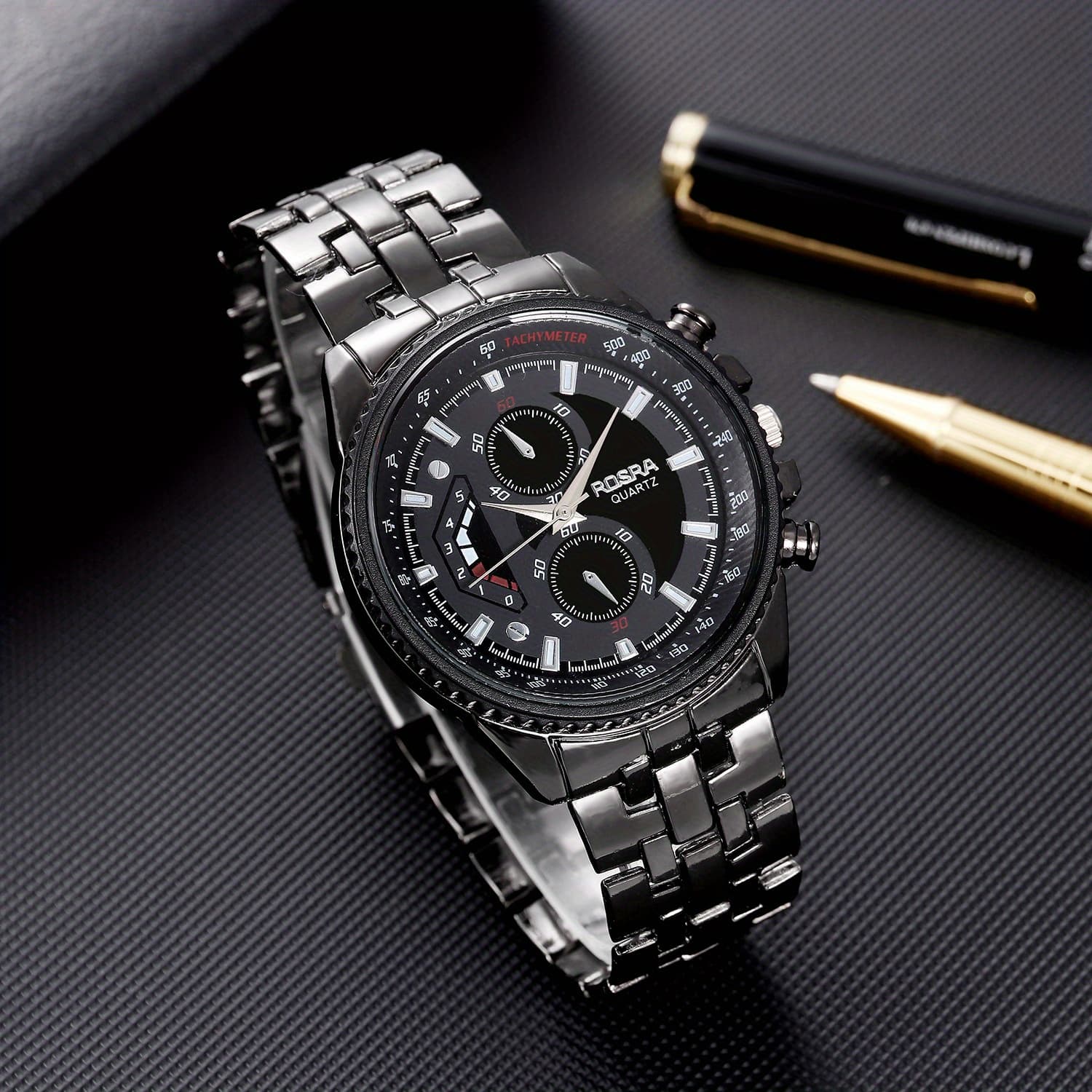 TEMU Men's Cool Black Steel Wristwatch Quartz Fashion Clock