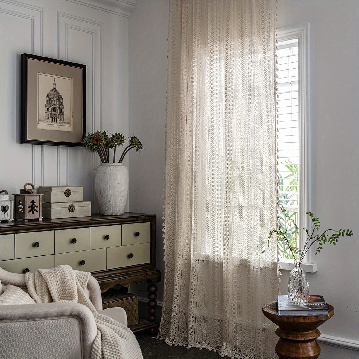 TEMU Vintage Style Curtain, Light-filtering Hollow-out Room, Bedroom, And Balcony - Machine Washable Polyester Lace Sheer, 1pc