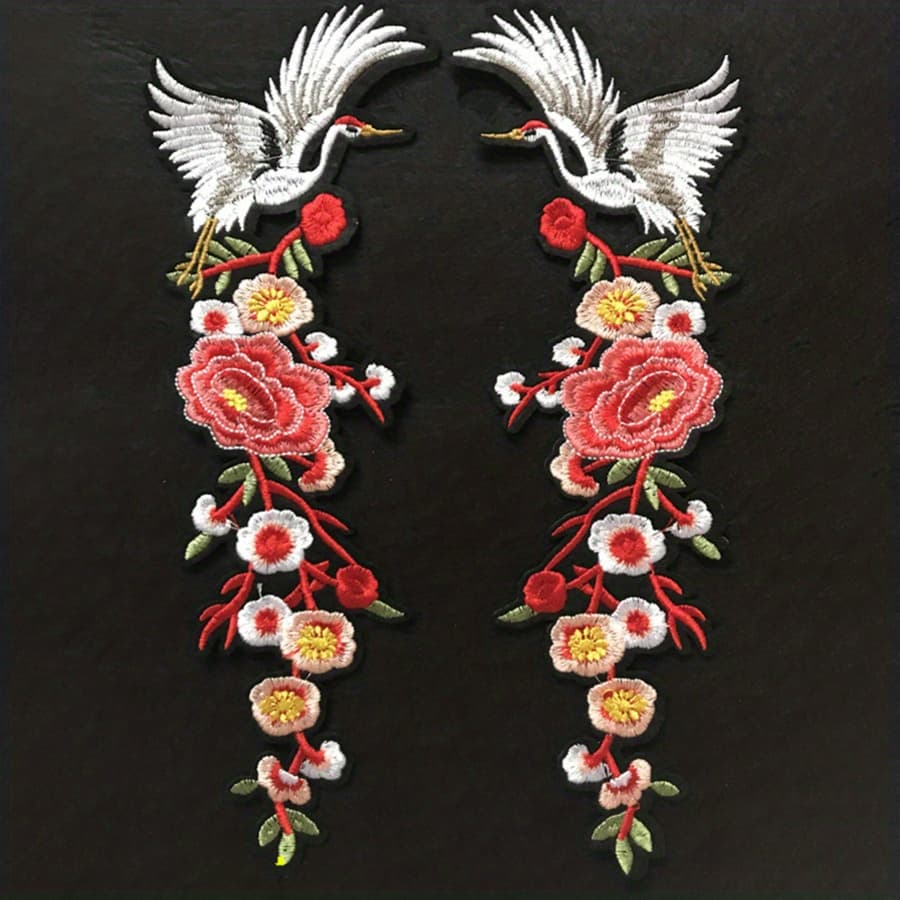 TEMU A Pair Of Crane And Flower Applique Patches, Heavy Embroidery, Patch For Mending Holes, Diy Decorative Garment Accessory With Adhesive Backing