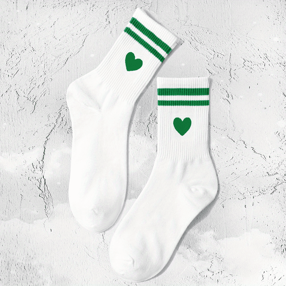 TEMU 1 Pair Women's Mid-calf Socks With Striped Cuff & - 95% Polyester 5% Spandex, Breathable Stretchy Casual Athletic Socks For Casual Attire, Valentine's Gift For Her