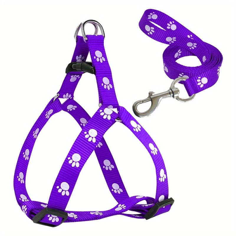 TEMU Adjustable Nylon Dog Harness And Leash Set - Fit With Paw Print Design For Small To Medium Breeds, Durable & Soft Material,
